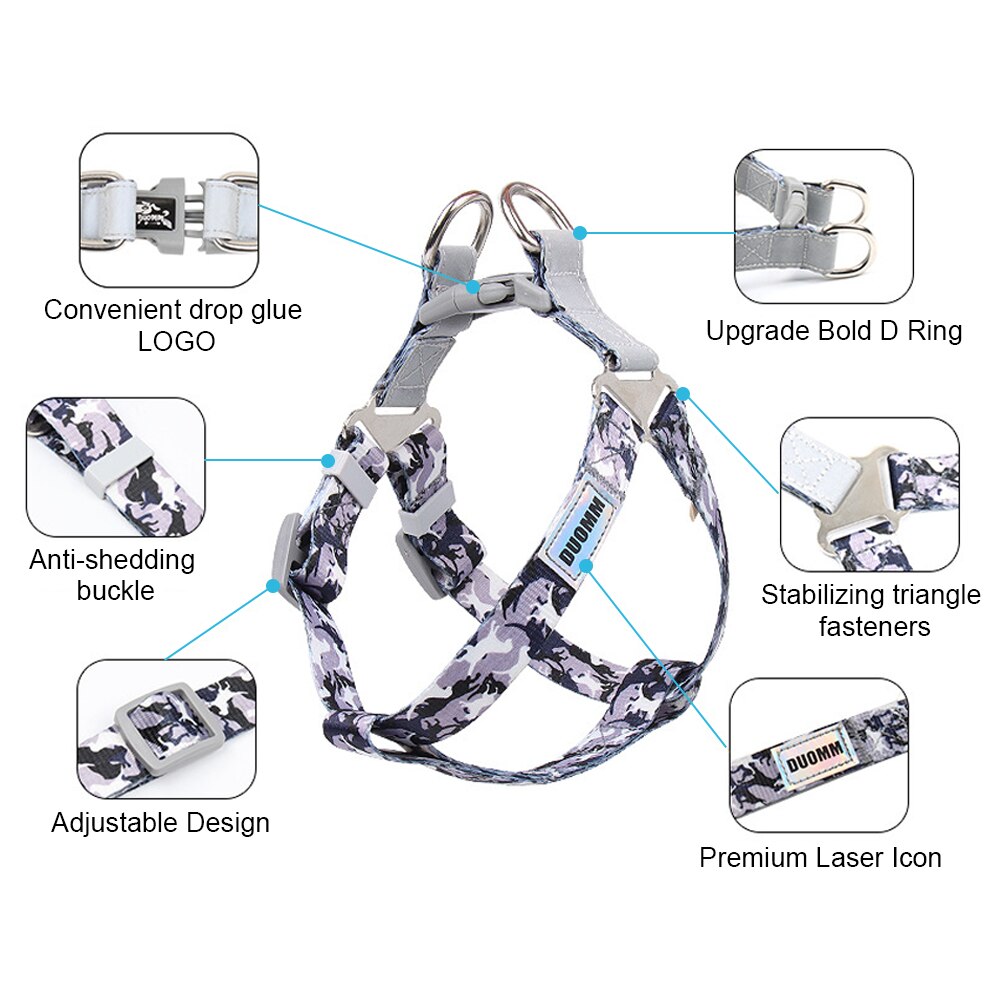 Easy Structre Dog Leash Set No Pull Nylon Adjustable Lightweight Camouflage Reflective Harness for Small and Medium Pet Dog Cat - anconmall
