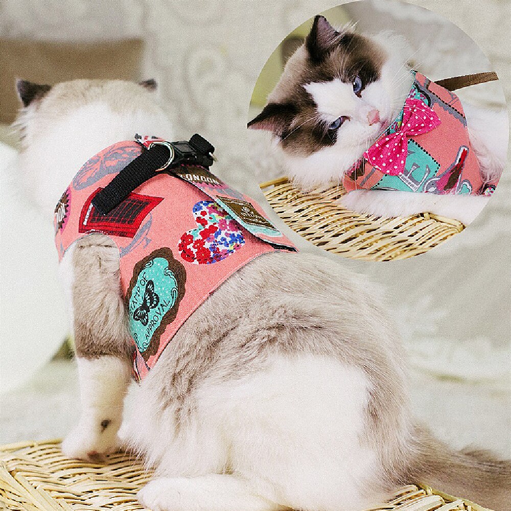 Fashion Cat Harness and Leash Set Bow Tie Adjustable Cute Cats Collar Outdoor Walking For Kitten Cats Accessories Supplies - anconmall