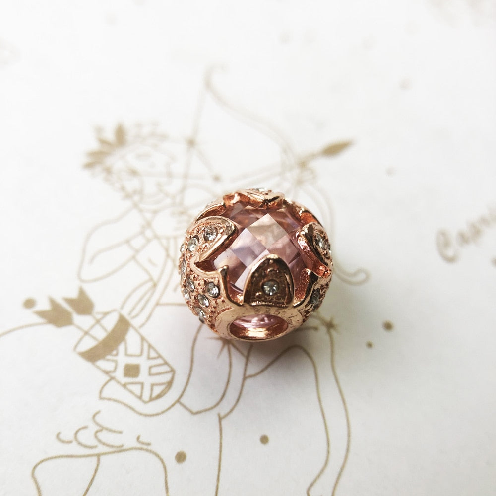 Beads Pink Lotus,Rose Gold Color & Rhinestone Jewelry Thanksgiving 925 Sterling Silver Gift For Women & Men