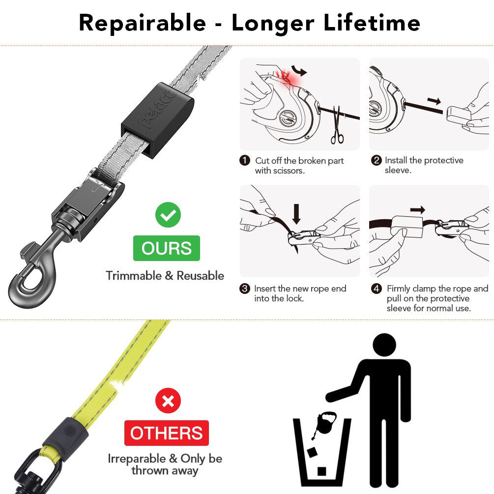 13ft Retractable Dog Leash Rope with Highly Reflective Threads One Button Lock &amp; Release Trimmable Nylon Large Dog Walking Leash