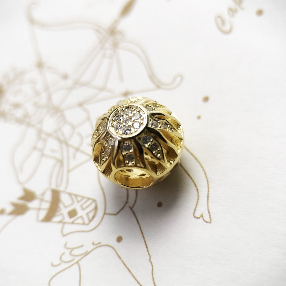 Beads Golden Sun Pave Summer Brand New 925 Sterling Silver Charm Karma Jewelry Accessories