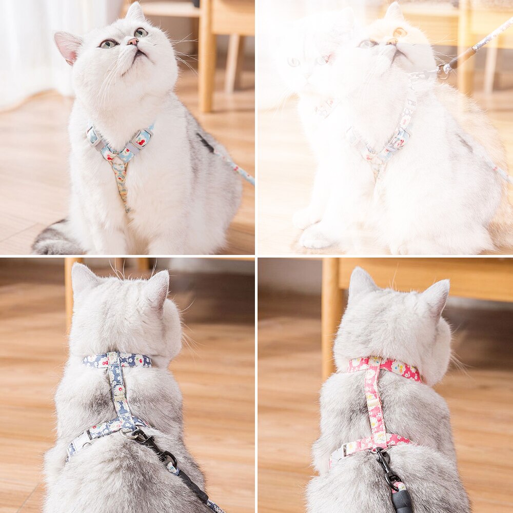 Japanese Style Adjustable Nylon Collars for Pet Cats Anti-Breakaway Harness and Walking Leash Set Kitten Vest Leads Pet Supplies - anconmall