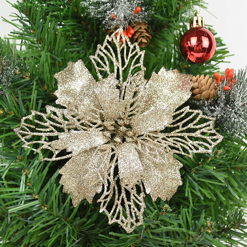 5pcs 9-16cm Glitter Artifical Christmas Flowers Christmas Tree Decorations for Home Fake Flowers Xmas Ornaments New Year Decor