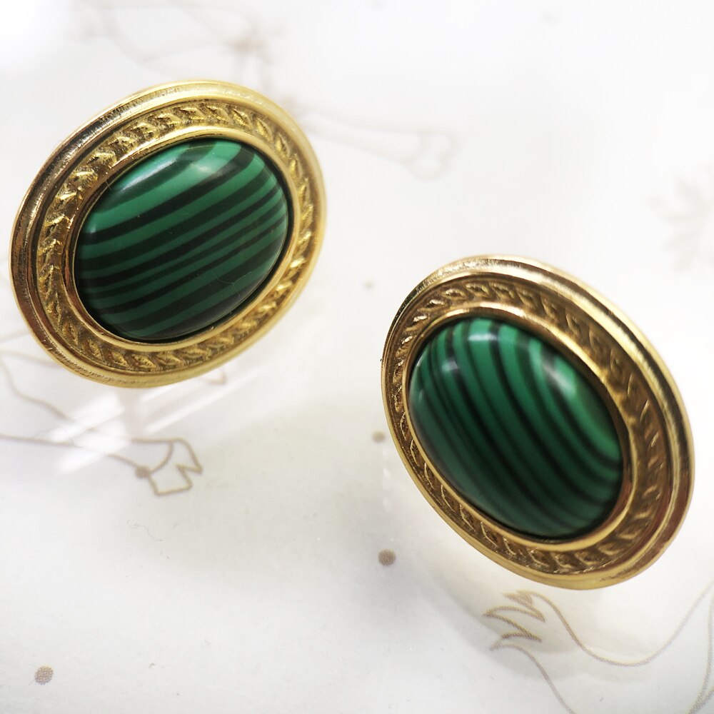 Green Oval Stone Golden Studs Earrings,Europe Style Fine Jewerly For Women Brand New Vintage Gift In 925 Sterling Silver