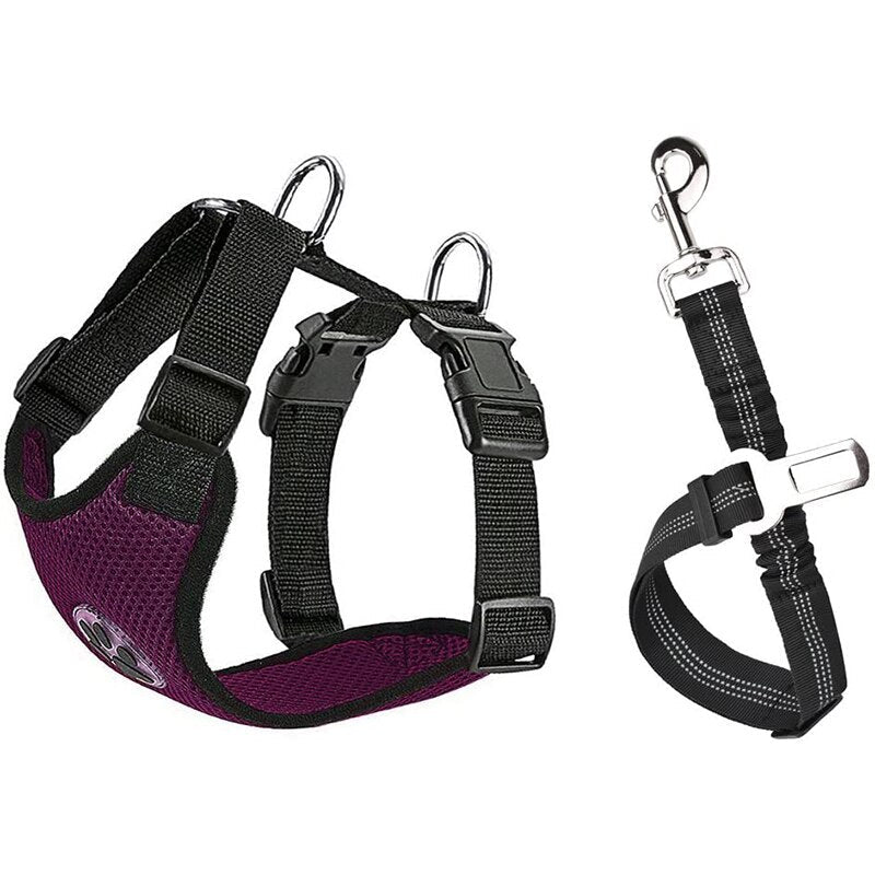 Car Seat Belt & Safety Harness for Pet Dog Cat Adjustable Breathable Mesh Harness with Secure Leads in Vehicle for Travel Trip - anconmall
