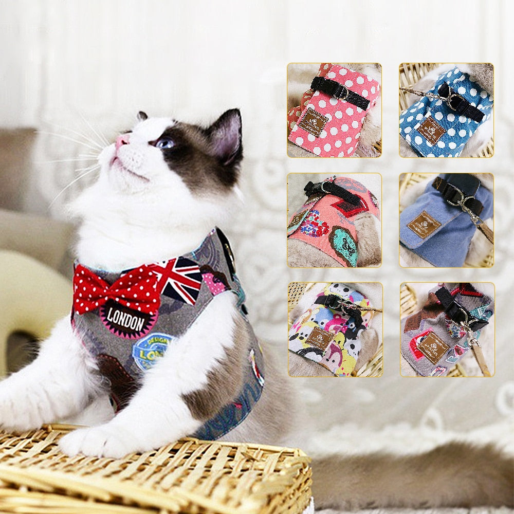 Fashion Cat Harness and Leash Set Bow Tie Adjustable Cute Cats Collar Outdoor Walking For Kitten Cats Accessories Supplies - anconmall