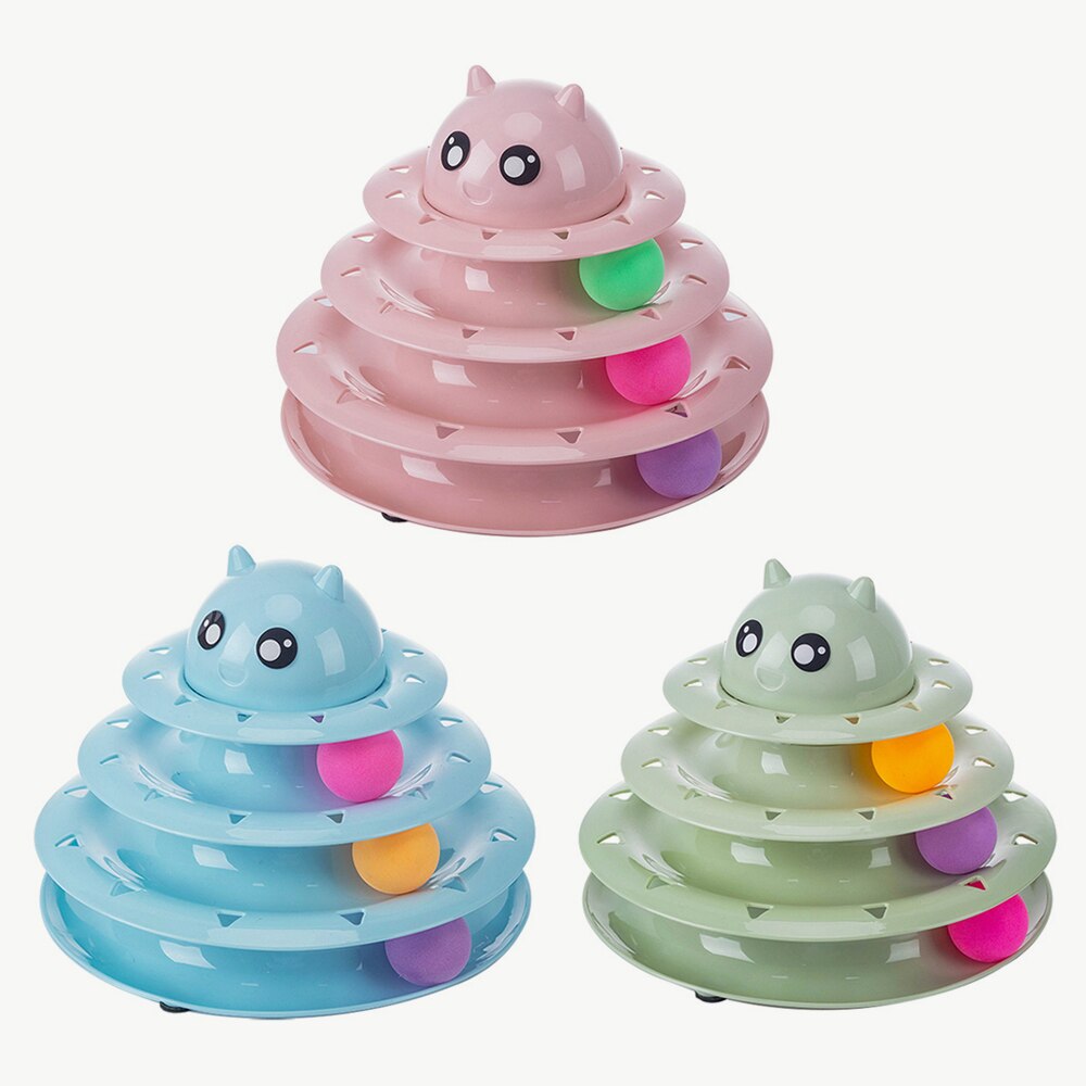 Funny Cat Toys 3-Tiers Interactive Pet Turntable Kitten Ball Toy Track Ball Tower with 3 Rollers for Kitten Toy - anconmall