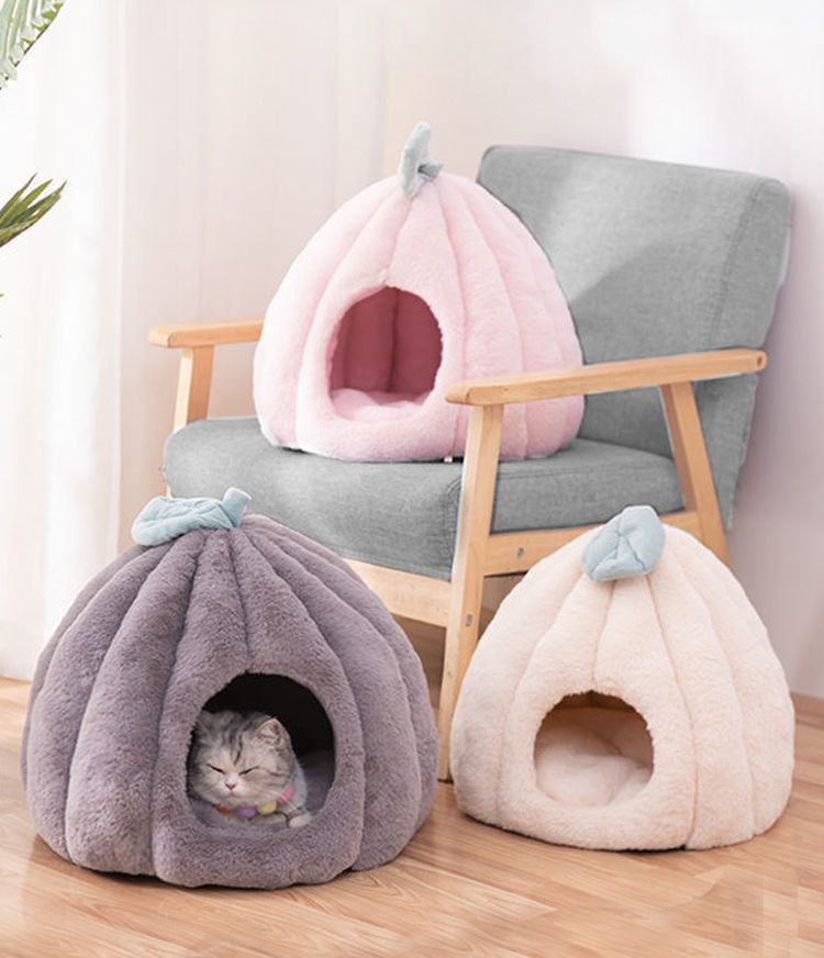 Semi-Enclosed Warm Cat Calming Bed Pumpkin-Shaped Soft Cozy Cat Tent House with Removable and Washable Double-Sided Cushion Pad - anconmall