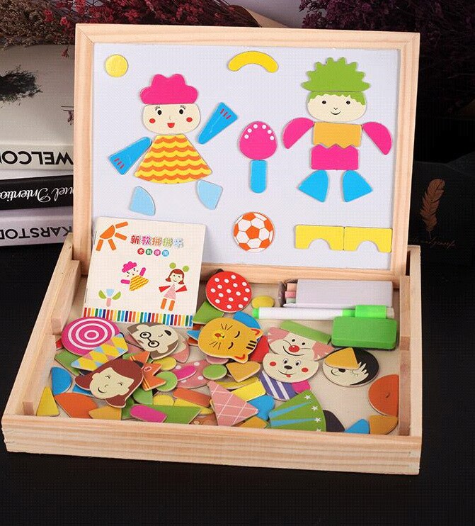Wooden Kids Educational Learning Toys Magnetic Easel Double Side Dry Erase Board Puzzles Jigsaw Game Toys for Boys Girls