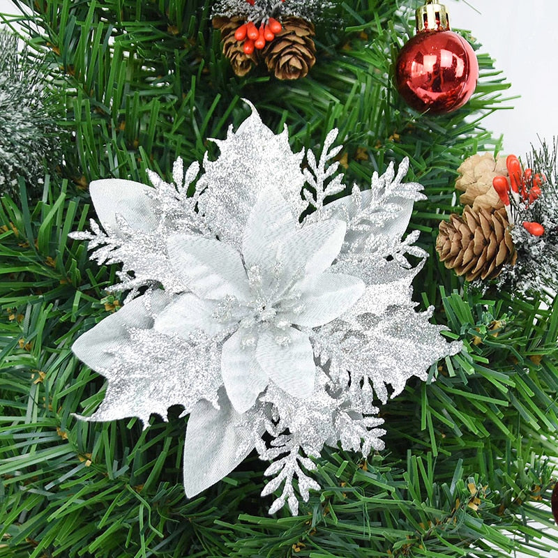 5pcs 14cm Glitter Artificial Christmas Flowers Xmas Tree Ornaments Merry Christmas Decorations for Home New Year Gifts Navidad