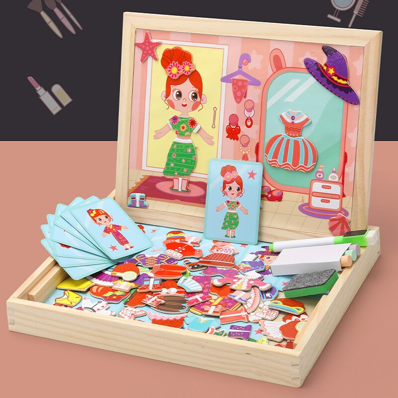 Wooden Kids Educational Learning Toys Magnetic Easel Double Side Dry Erase Board Puzzles Jigsaw Game Toys for Boys Girls