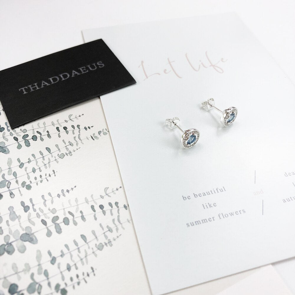 Round Light Blue Studs Earrings Europe Style Fine Jewerly For Women Classic Crystal Gift In 925 Sterling Silver
