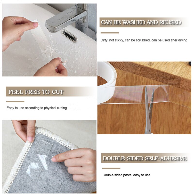 Nano Tracsless Tape Waterproof Home Decoration Wall Sticker Bathroom Kitchen Supplies Reusable Transparent Double Sided Tape