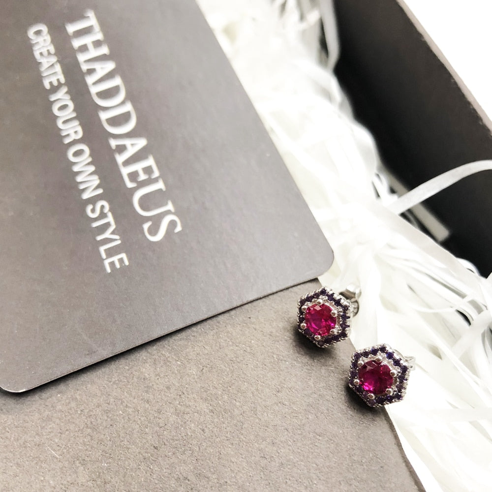 Hexagon Red Studs Earrings,Europe Style Fine Jewerly For Women Handcrafted Gift In 925 Sterling Silver
