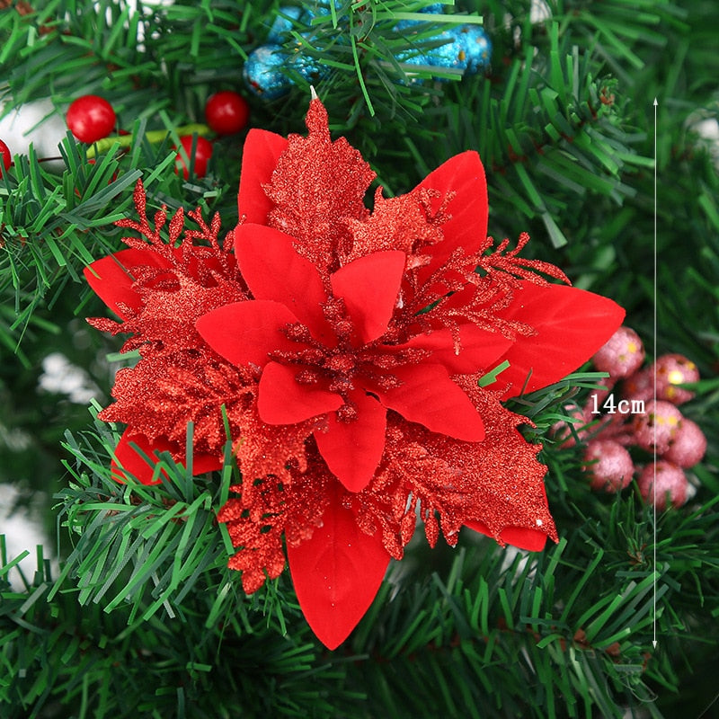 5pcs 14cm Glitter Artificial Christmas Flowers Xmas Tree Ornaments Merry Christmas Decorations for Home New Year Gifts Navidad