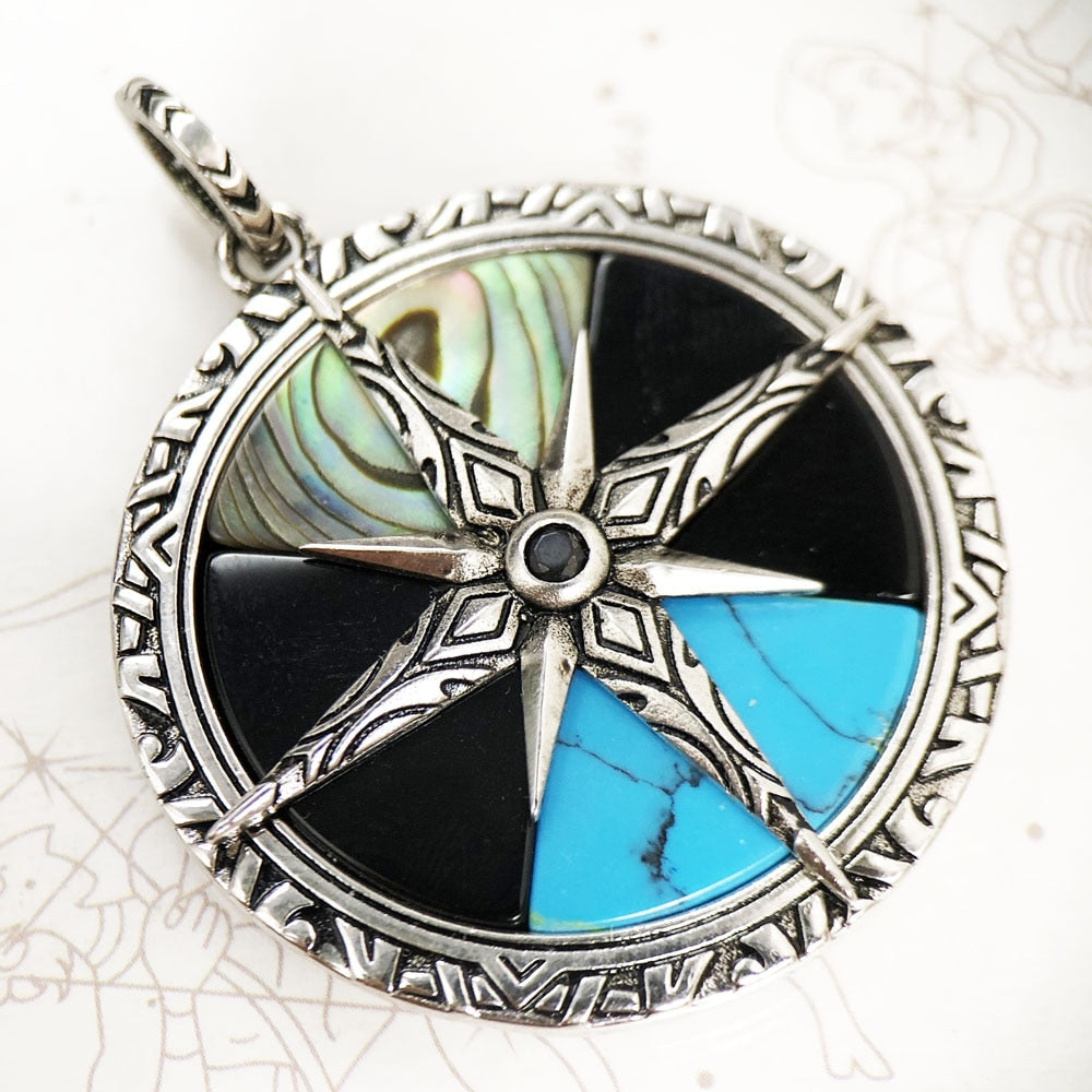 Pendant Compass Large Spring Personal Lucky Charm Turquoise Jewelry Europe Bijoux 925 Sterling Silver Gift For Woman Men