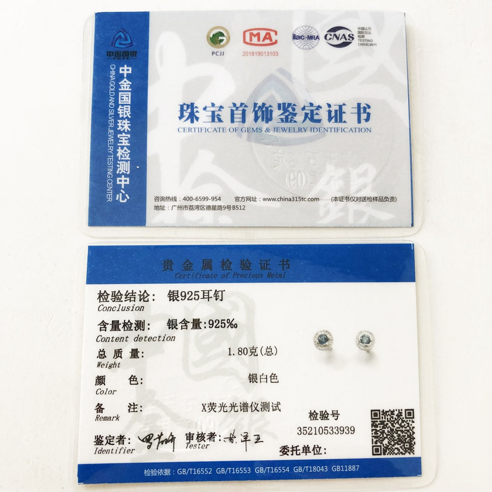 Round Light Blue Studs Earrings Europe Style Fine Jewerly For Women Classic Crystal Gift In 925 Sterling Silver