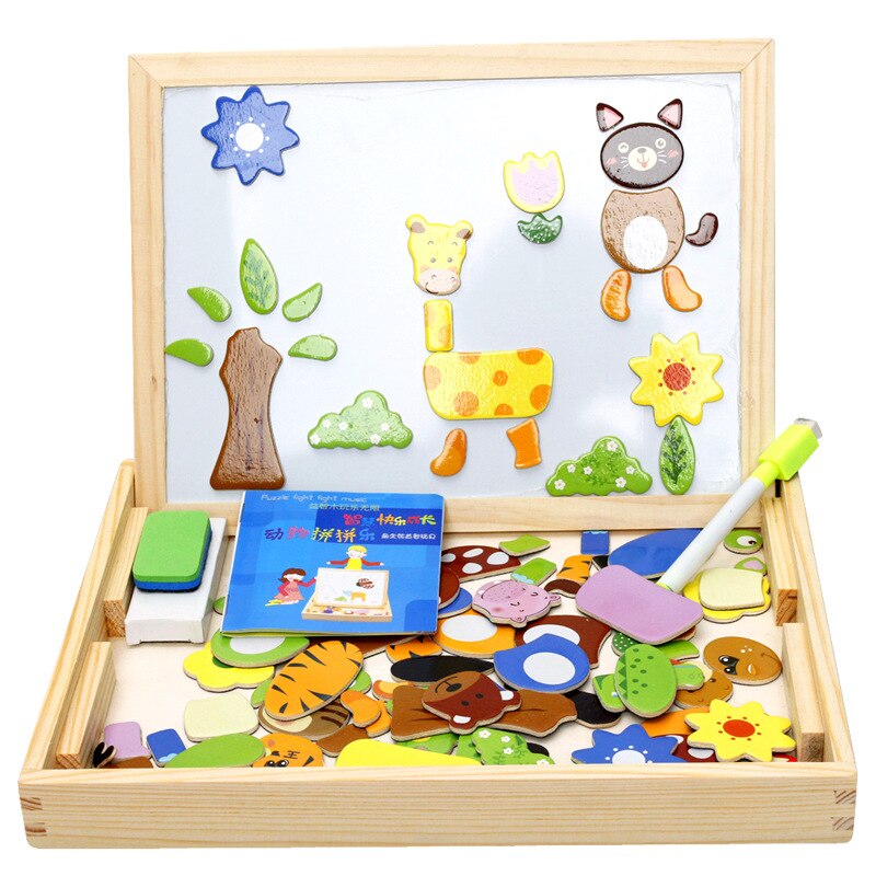 Wooden Kids Educational Learning Toys Magnetic Easel Double Side Dry Erase Board Puzzles Jigsaw Game Toys for Boys Girls