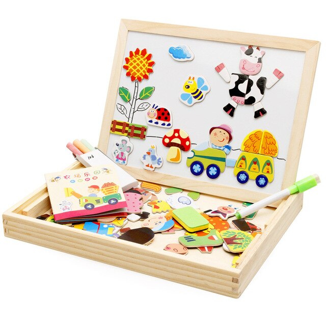 Wooden Kids Educational Learning Toys Magnetic Easel Double Side Dry Erase Board Puzzles Jigsaw Game Toys for Boys Girls