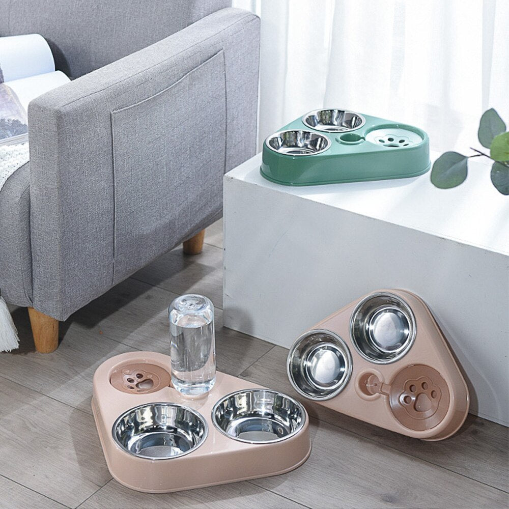 Pet Bowl Three Bowl Automatic Feeder and Water Anti Overturning Pet Dog Moisture Proof Mouth Stainless Steel Bowl for Cats - anconmall