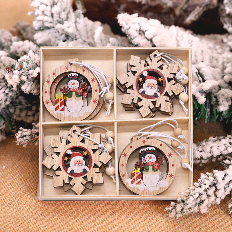 12pcs Christmas Wooden Pendant Santa Claus Snowflake Xmas Tree Ornaments Hanging Decor DIY Christmas Decorations for Home 2022