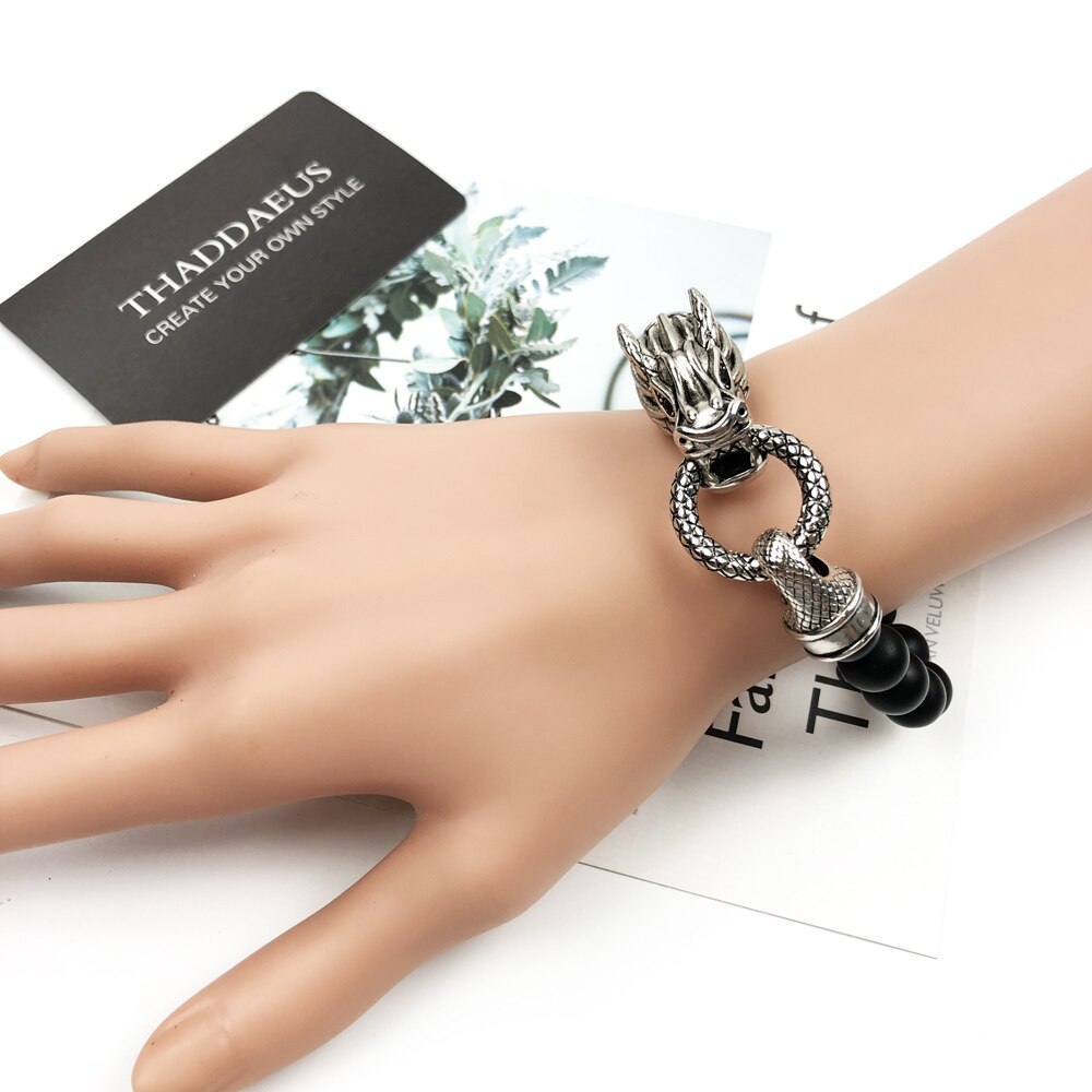 Bracelet Rebel Dragon Europe Style Punk Fashion Jewelry Gift For Men & Women,In 925 Sterling Silver And Black Obsidian