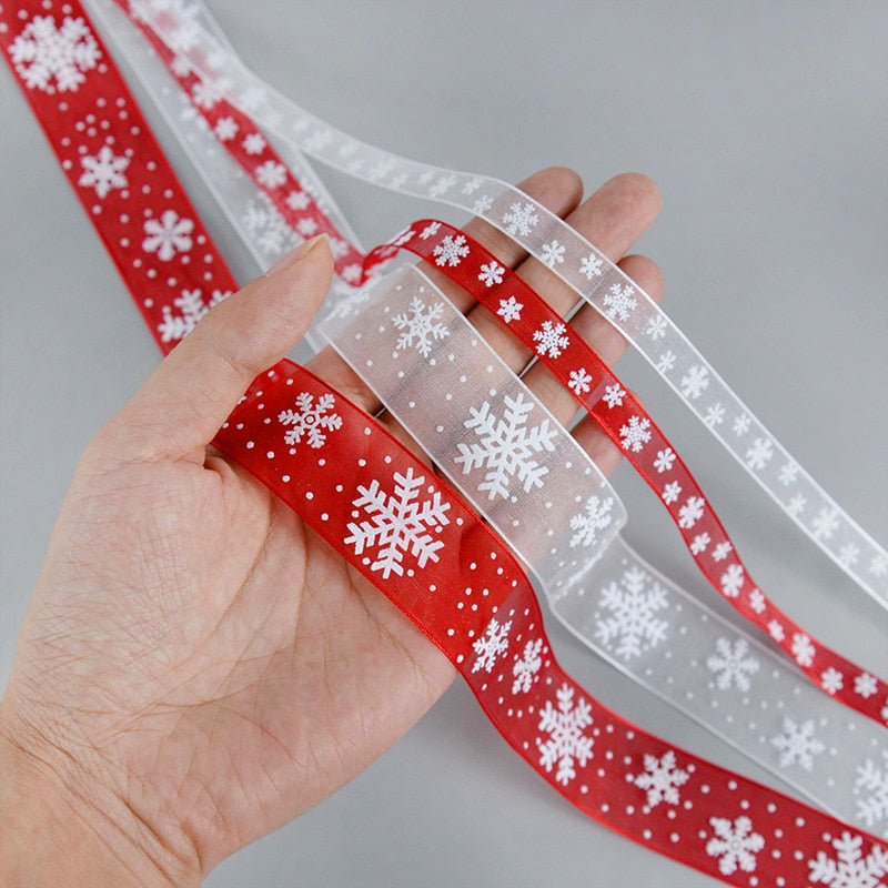 10m Snowflake Printer Organza Ribbon for Christmas Gift Wrapping Packaging Decoration Birthday Party DIY Handmade Crafts Bowknot