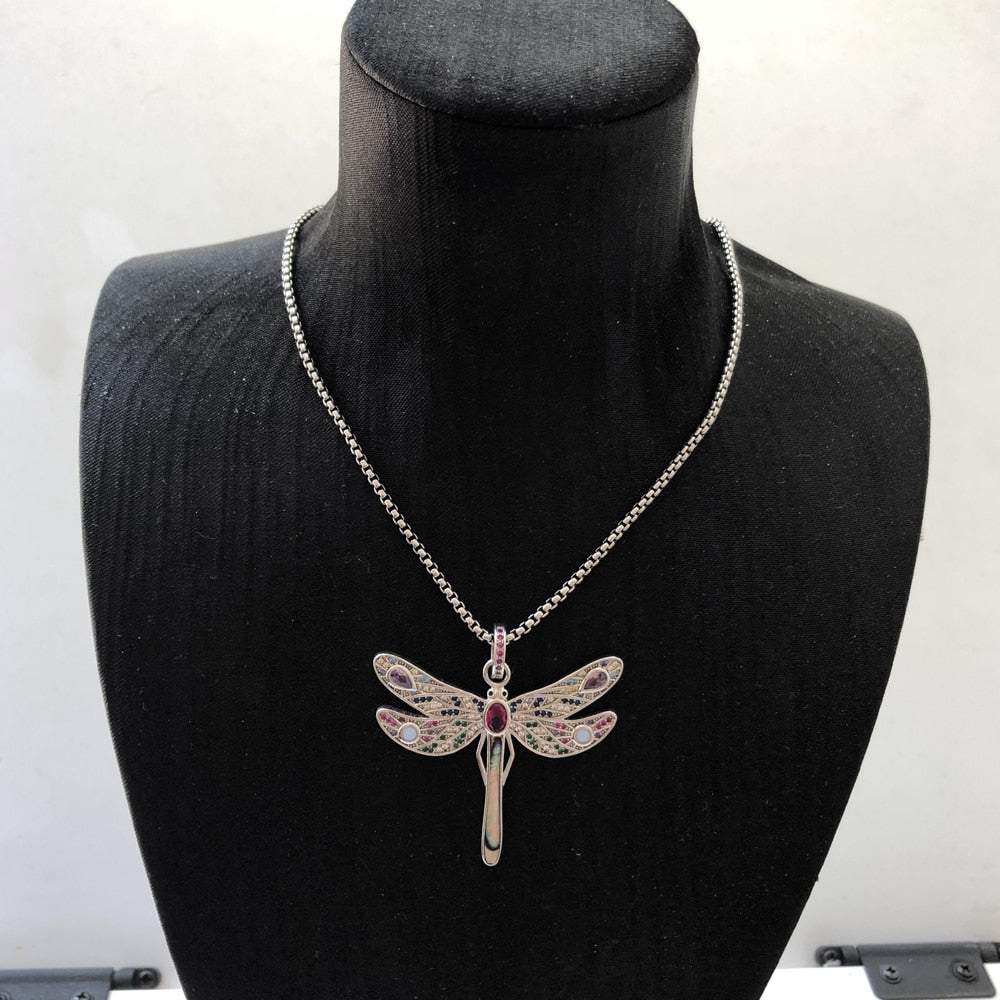 Colorful Dragonfly Pendant Link Chain Necklace Summer Brand New Fine Jewelry Europe 925 Sterling Silver Gift For Women