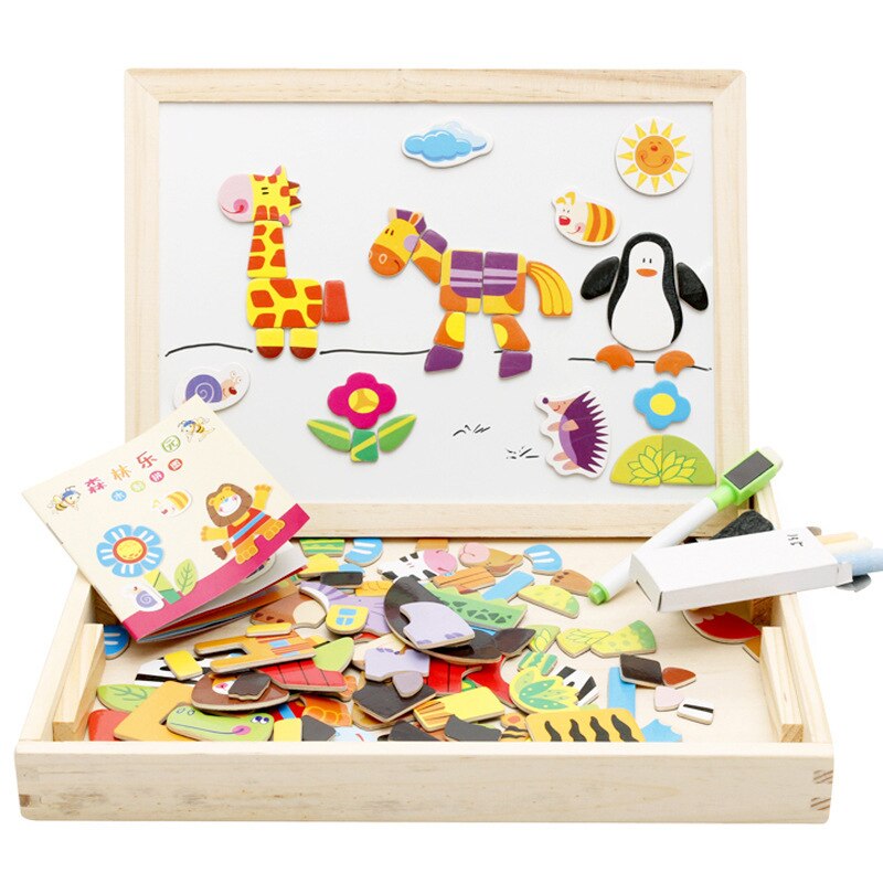 Wooden Kids Educational Learning Toys Magnetic Easel Double Side Dry Erase Board Puzzles Jigsaw Game Toys for Boys Girls