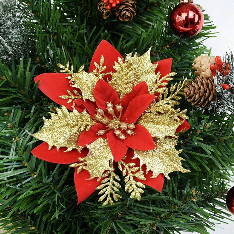 5pcs 14cm Glitter Artificial Christmas Flowers Xmas Tree Ornaments Merry Christmas Decorations for Home New Year Gifts Navidad