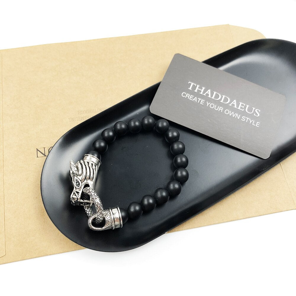 Bracelet Rebel Dragon Europe Style Punk Fashion Jewelry Gift For Men & Women,In 925 Sterling Silver And Black Obsidian