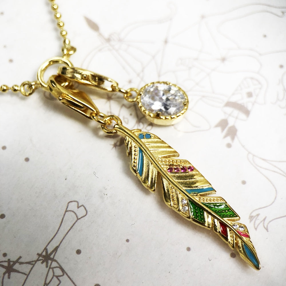 Charm Necklace Golden Feather & Oval CZ Spring Brand New Fashion Jewelry Europe 925 Sterling Silver Gift For Women