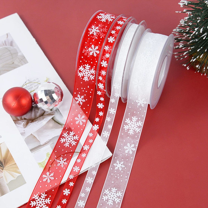 10m Snowflake Printer Organza Ribbon for Christmas Gift Wrapping Packaging Decoration Birthday Party DIY Handmade Crafts Bowknot