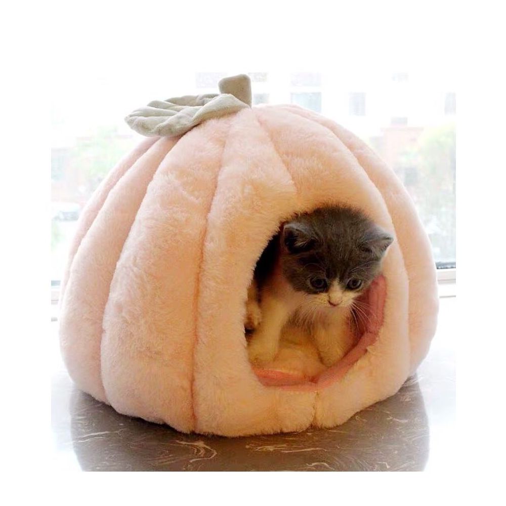 Semi-Enclosed Warm Cat Calming Bed Pumpkin-Shaped Soft Cozy Cat Tent House with Removable and Washable Double-Sided Cushion Pad - anconmall