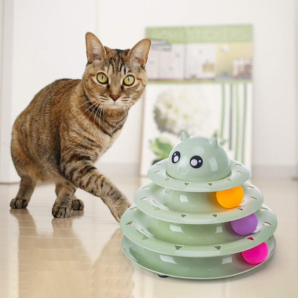 Funny Cat Toys 3-Tiers Interactive Pet Turntable Kitten Ball Toy Track Ball Tower with 3 Rollers for Kitten Toy - anconmall