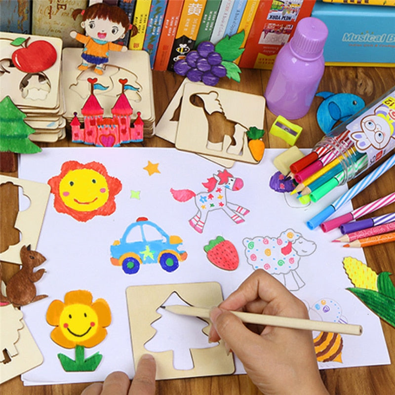 100pcs Baby Toys School Paint Tools Educational Coloring Book Paint Learning Coloring Board Drawing Board Wooden Drawing Toys