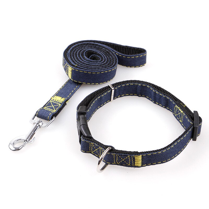 Pet Dog Denim Adjustable Leash and Collar Set Thickened and Durable 4 Colors Collar Traction Rope for Small Dog Cat Pet Supplies - anconmall