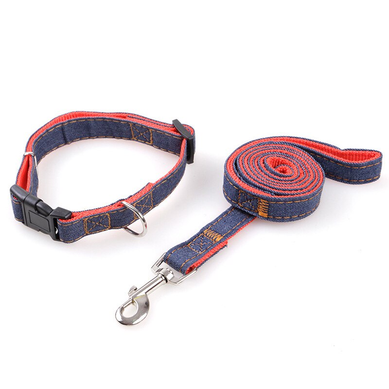 Pet Dog Denim Adjustable Leash and Collar Set Thickened and Durable 4 Colors Collar Traction Rope for Small Dog Cat Pet Supplies - anconmall