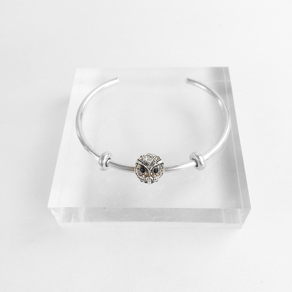 Bracelet Bangles Owl Bead Fashion Karma Jewelry Vintage Gift For Women Men,Brand New Good In 925 Sterling Silver