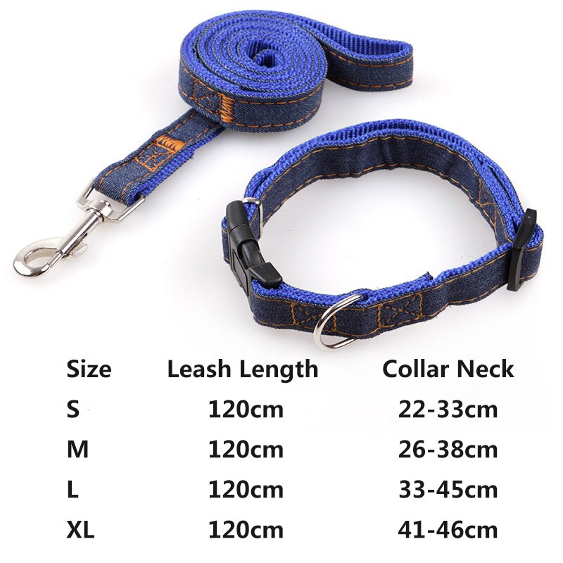Pet Dog Denim Adjustable Leash and Collar Set Thickened and Durable 4 Colors Collar Traction Rope for Small Dog Cat Pet Supplies - anconmall