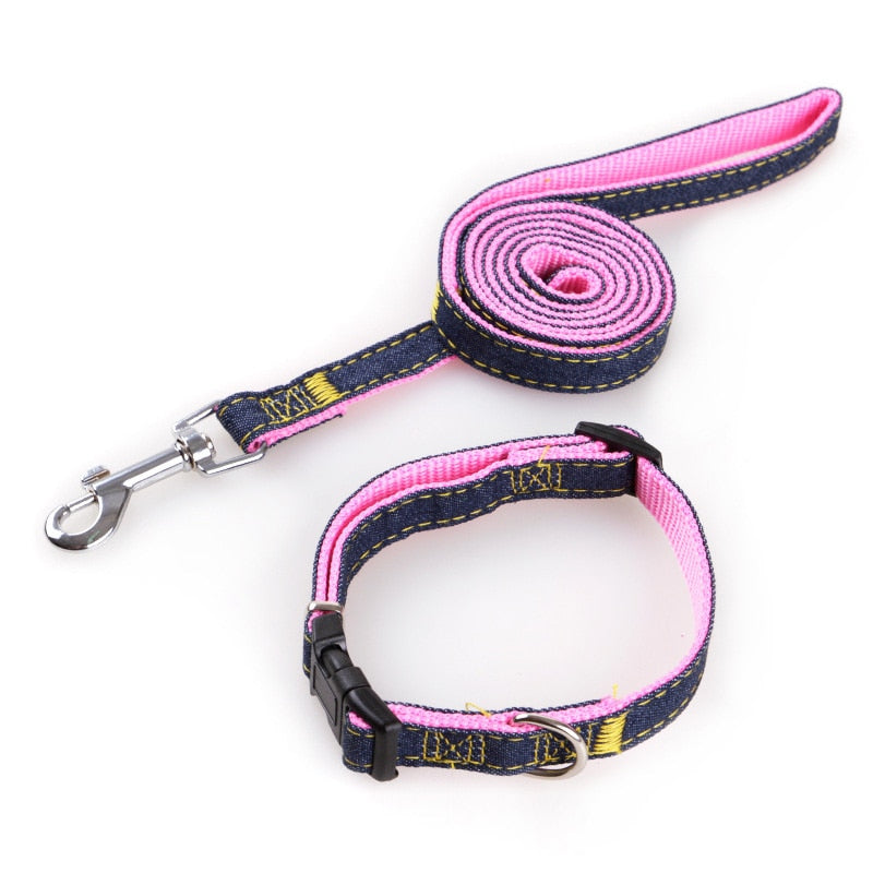 Pet Dog Denim Adjustable Leash and Collar Set Thickened and Durable 4 Colors Collar Traction Rope for Small Dog Cat Pet Supplies - anconmall