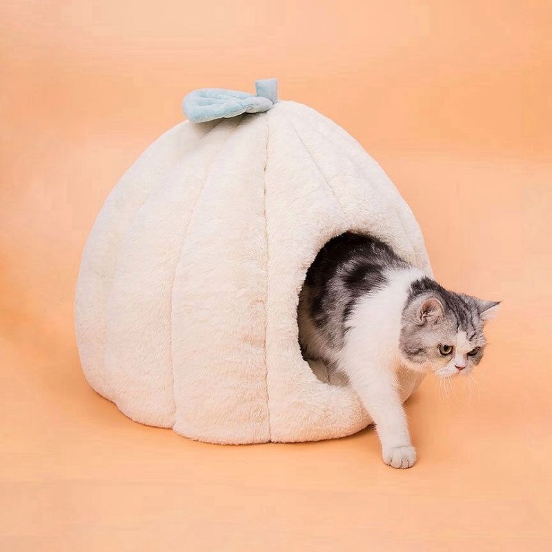 Semi-Enclosed Warm Cat Calming Bed Pumpkin-Shaped Soft Cozy Cat Tent House with Removable and Washable Double-Sided Cushion Pad - anconmall