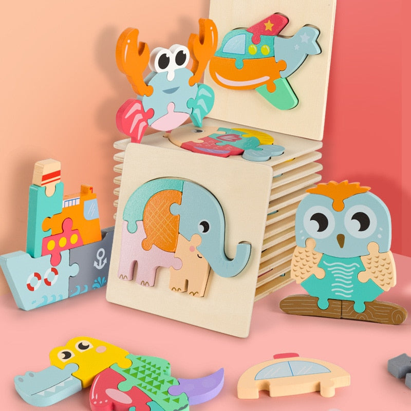 Wooden 3D Puzzle Educational Toys Jigsaw Toys For Children Baby Cartoon Animal Puzzles Intelligence Kids Toy Board Games