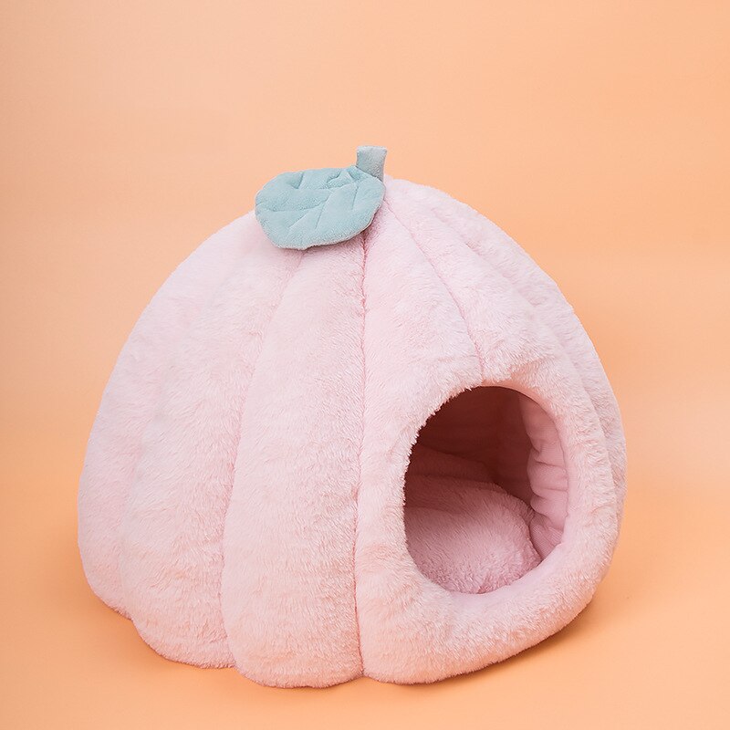Semi-Enclosed Warm Cat Calming Bed Pumpkin-Shaped Soft Cozy Cat Tent House with Removable and Washable Double-Sided Cushion Pad - anconmall