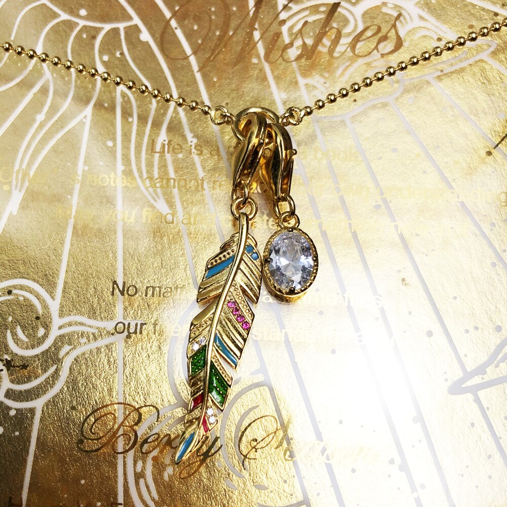 Charm Necklace Golden Feather & Oval CZ Spring Brand New Fashion Jewelry Europe 925 Sterling Silver Gift For Women