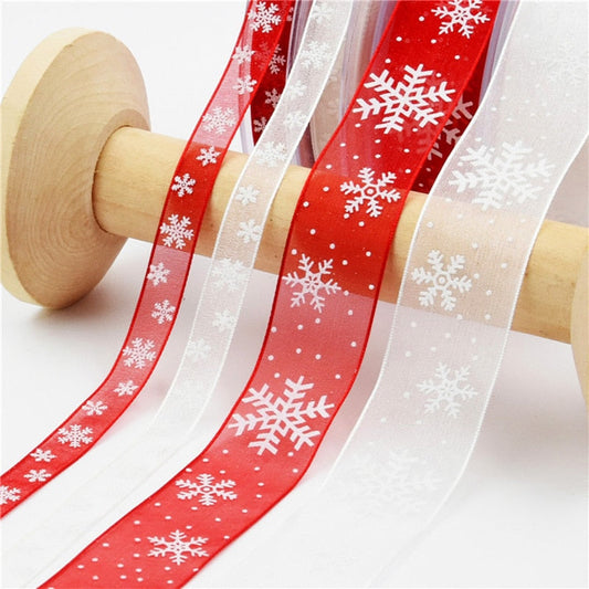 10m Snowflake Printer Organza Ribbon for Christmas Gift Wrapping Packaging Decoration Birthday Party DIY Handmade Crafts Bowknot