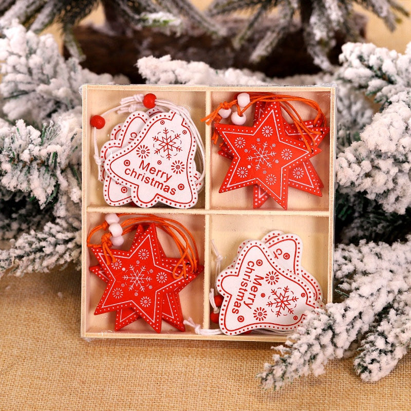12Pcs Christmas Snowflakes Wooden Pendants Xmas Tree Hanging Ornaments Christmas Decorations for Home Navidad Gift New Year 2023