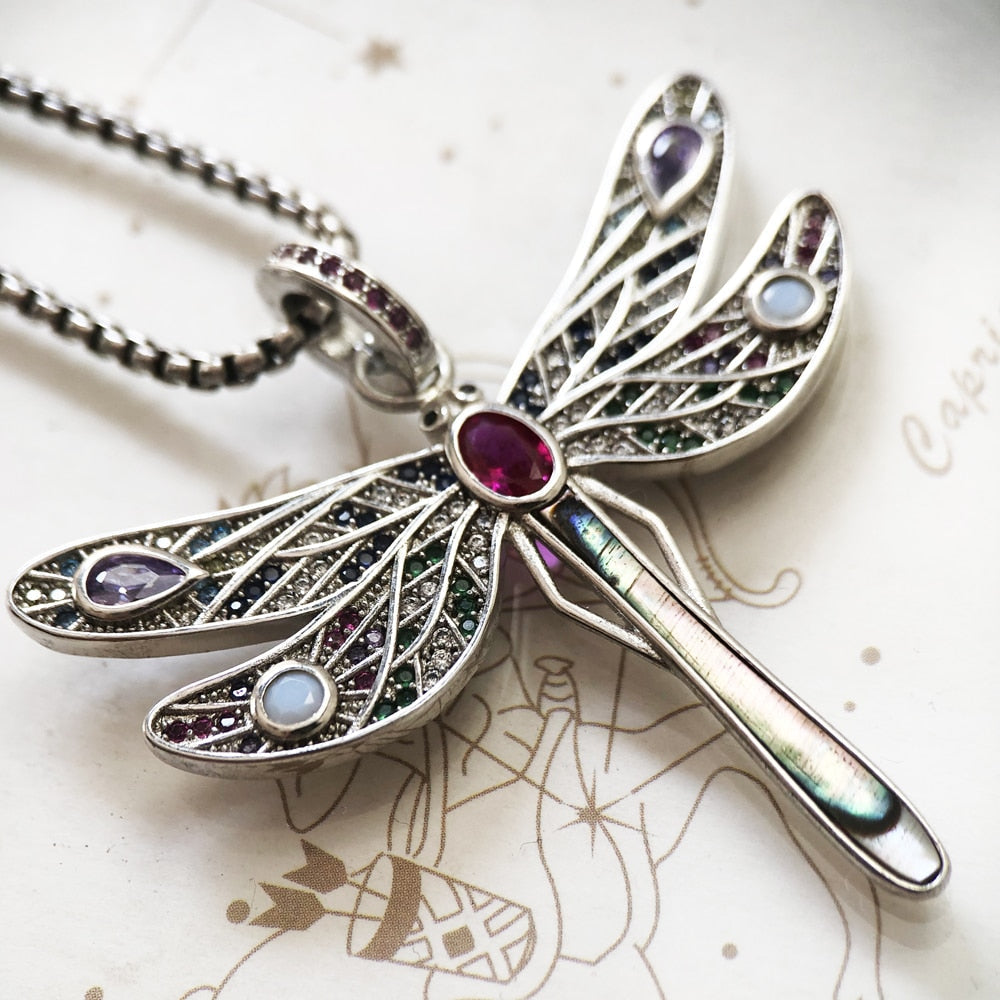 Colorful Dragonfly Pendant Link Chain Necklace Summer Brand New Fine Jewelry Europe 925 Sterling Silver Gift For Women