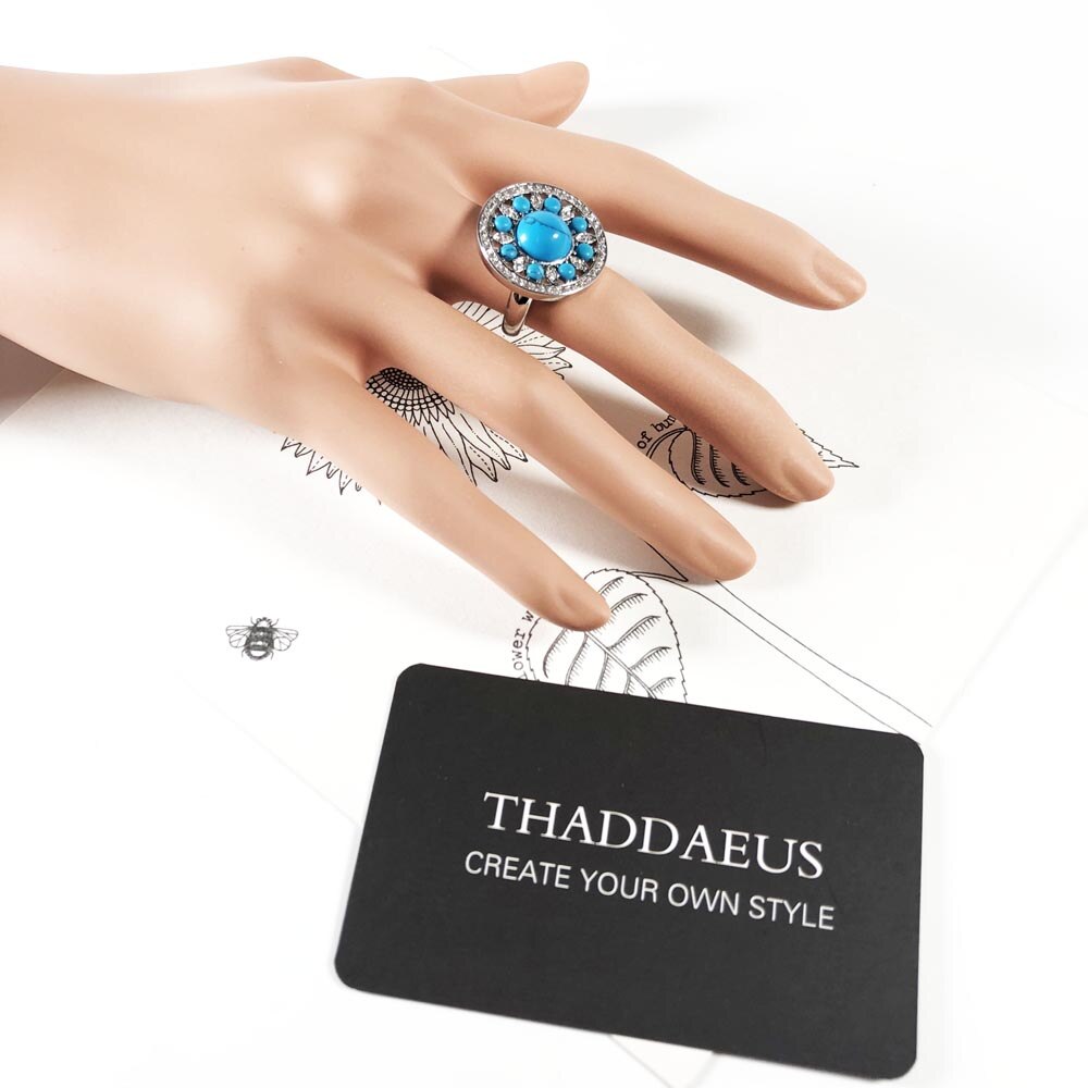 Round Blue Ornament Ring,Europe Style Glam Fashion Good Jewelry For Women Spring Gift In 925 Sterling Silver