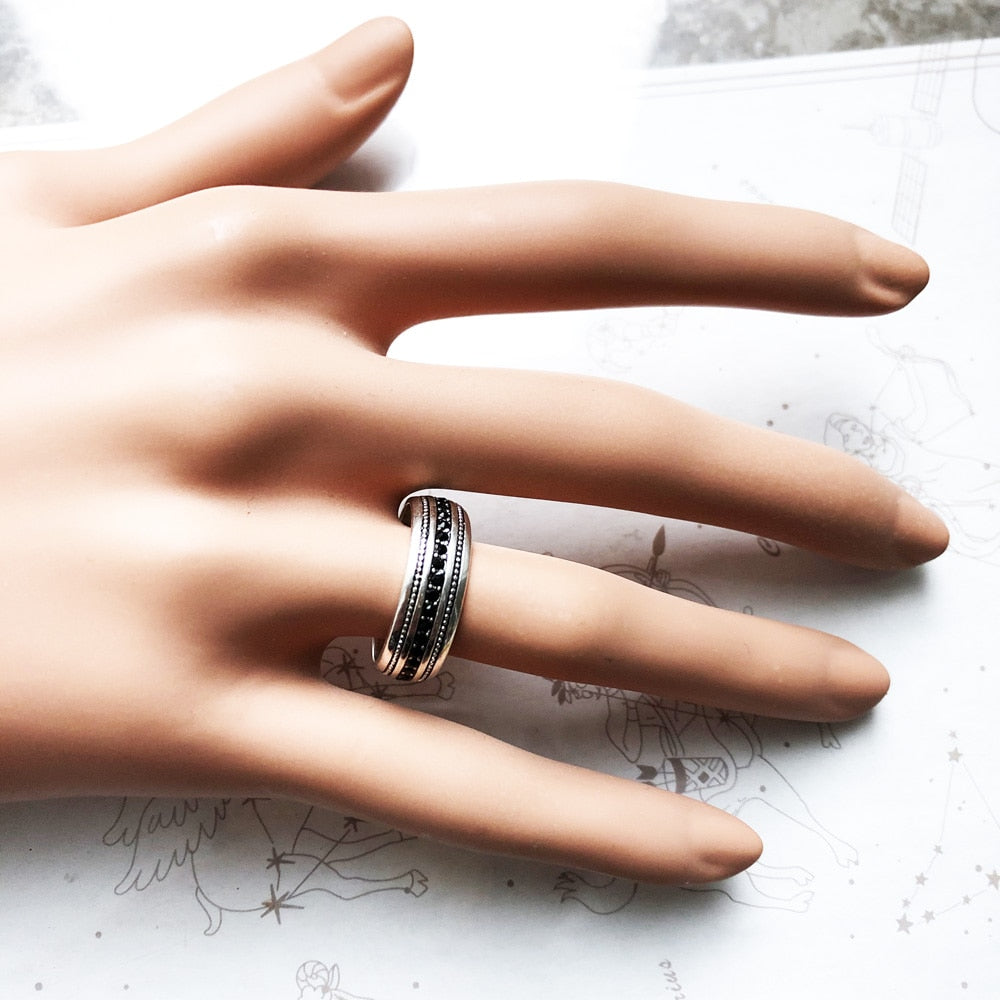 Black CZ Lane Ring,Europe Style Vintage Jewelry Fine Jewerly Gift For Men And Women In 925 Sterling Silver